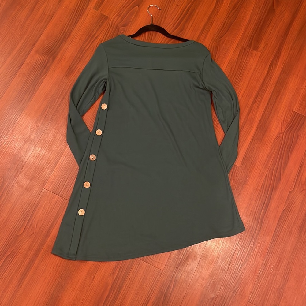Korsis Tunic Dress in Emerald Green M w/5 Wood Buttons Empire Yoke Fleece EUC
